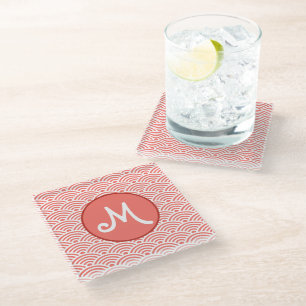 Japanese Nami Wave Pattern and Monogram Glass Coaster