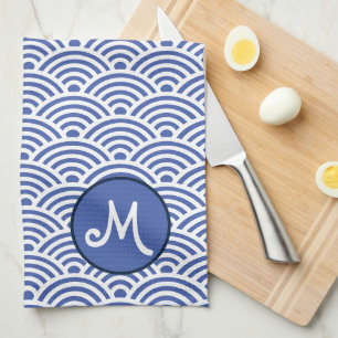 Japanese Nami Wave Pattern and Monogram Tea Towel