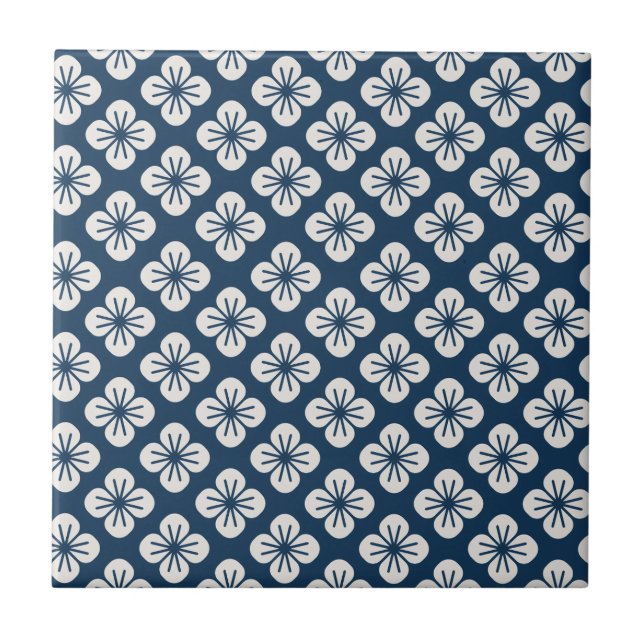 Japanese Navy Blue Ivory Floral Geometric Pattern Tile (Front)