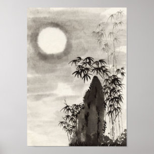 Japanese night moon scenery sumi-e poster