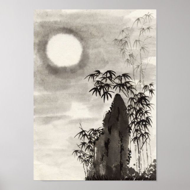 Japanese night moon scenery sumi-e poster (Front)
