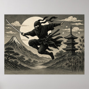 Japanese Ninja Full Moon Fuji Poster