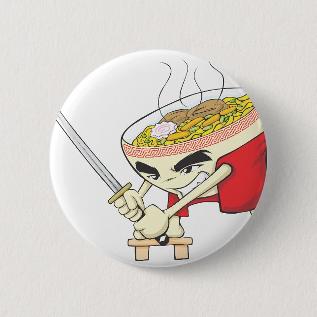 Japanese Noodle Soup Fighter with Samurai Sword 6 Cm Round Badge (Front)