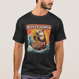 Japanese Noodles Wave Sunset Art Wildlife Beaver R T-Shirt