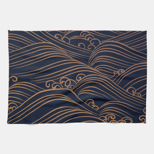 Japanese Ocean Waves Abstract Navy Blue Gold Brown Tea Towel (Horizontal)