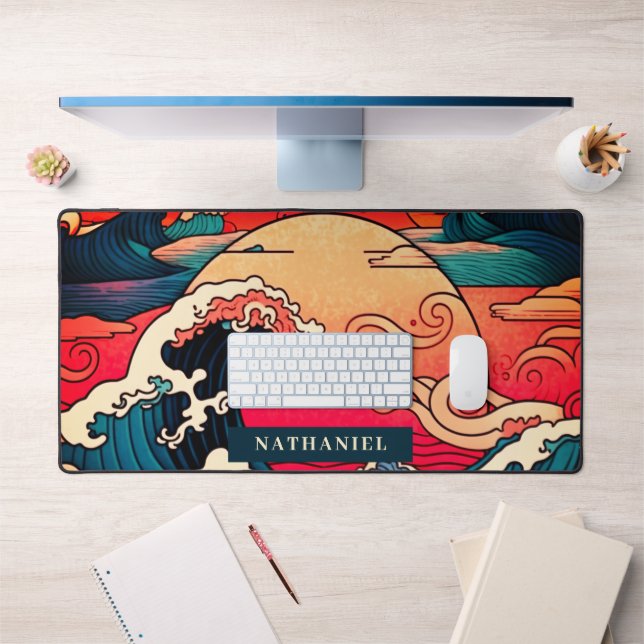 Japanese Ocean Waves at Sunset Art Desk Mat (Office 1)