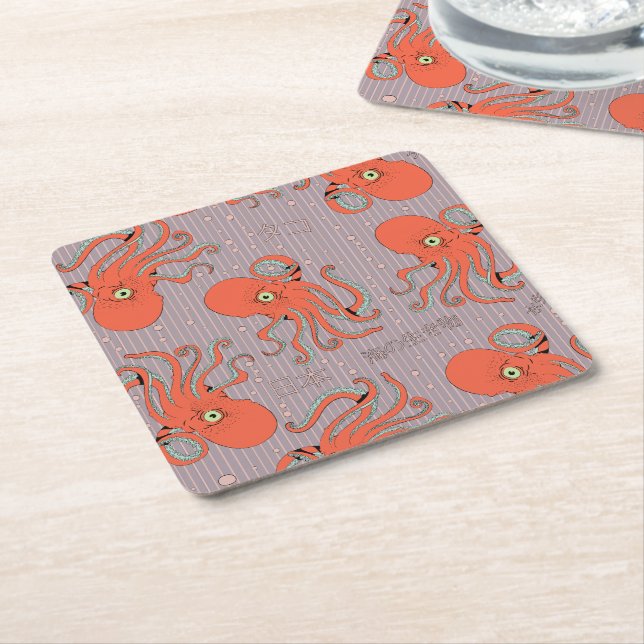 Japanese Octopus Pattern Square Paper Coaster (Angled)