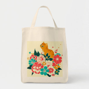 Japanese old scool cat and flowers tote bag