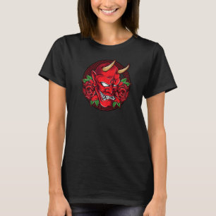 Japanese Oni Demon Mask Horned Devil Head With Ros T-Shirt