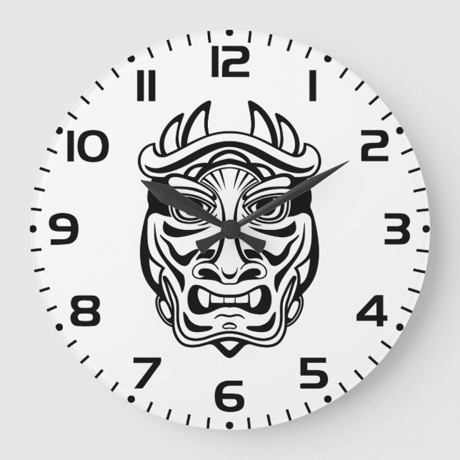 Japanese Oni Mask Tribal Demon Line Art Large Clock (Front)
