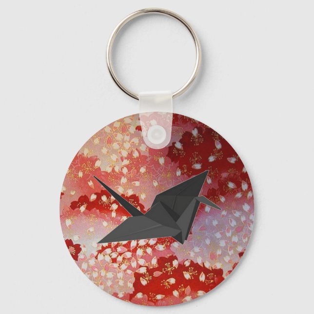 japanese Origami crane pink Sakura cherry blossom Key Ring (Front)