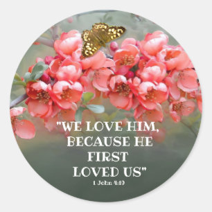 Japanese Ornamental Quince with Bible quotation Classic Round Sticker