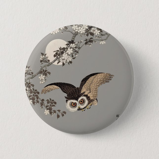 Japanese Owl Night Moon Woodcut Flying Night 6 Cm Round Badge (Front)