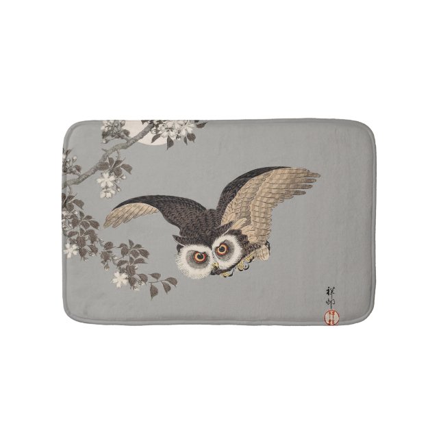 Japanese Owl Night Moon Woodcut Flying Night Bath Mat (Front)