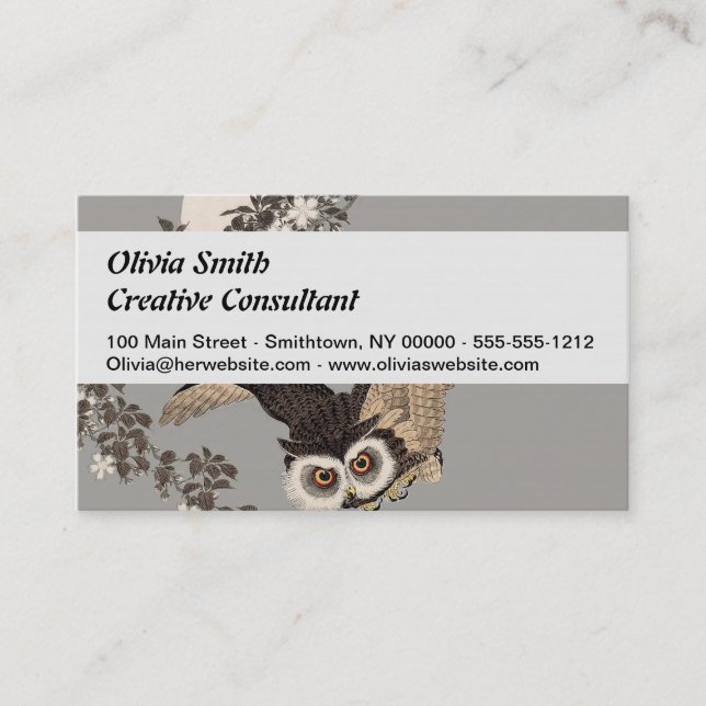 Japanese Owl Night Moon Woodcut Flying Night Business Card (Front)