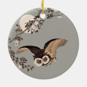 Japanese Owl Night Moon Woodcut Flying Night Ceramic Tree Decoration