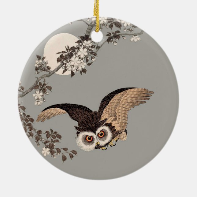 Japanese Owl Night Moon Woodcut Flying Night Ceramic Tree Decoration (Back)