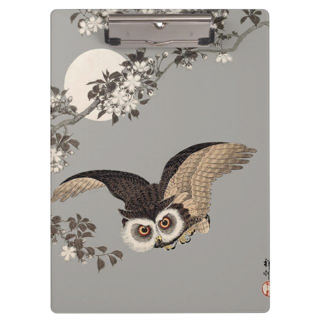 Japanese Owl Night Moon Woodcut Flying Night Clipboard (Front)