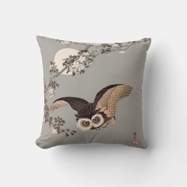 Japanese Owl Night Moon Woodcut Flying Night Cushion (Front)