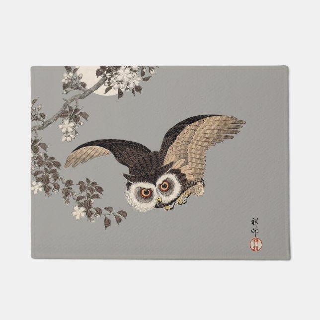 Japanese Owl Night Moon Woodcut Flying Night Doormat (Front)