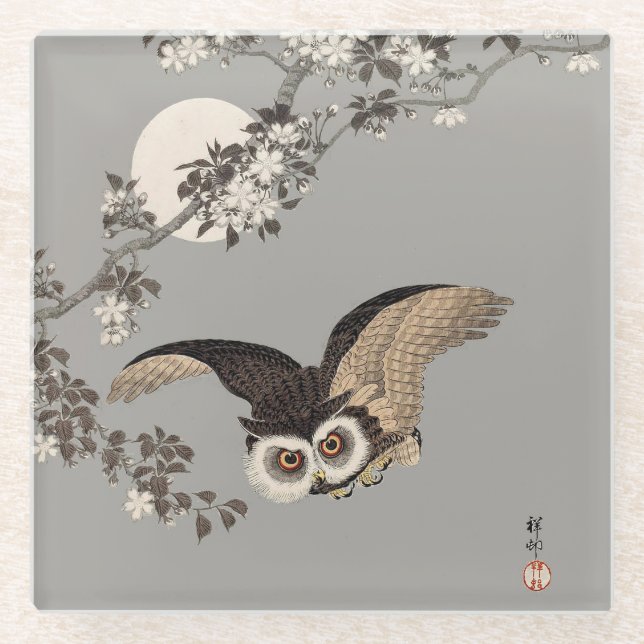 Japanese Owl Night Moon Woodcut Flying Night Glass Coaster (Front)