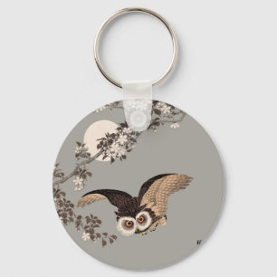 Japanese Owl Night Moon Woodcut Flying Night Key Ring