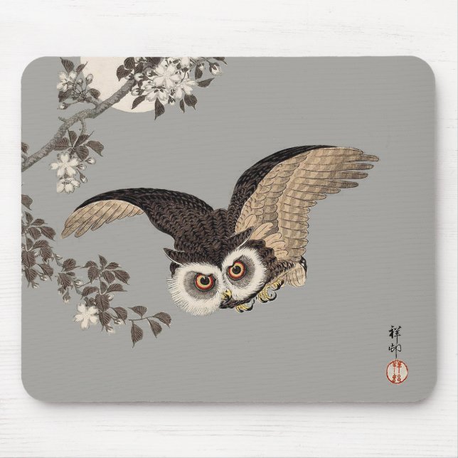 Japanese Owl Night Moon Woodcut Flying Night Mouse Mat (Front)