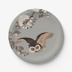 Japanese Owl Night Moon Woodcut Flying Night Paper Plate