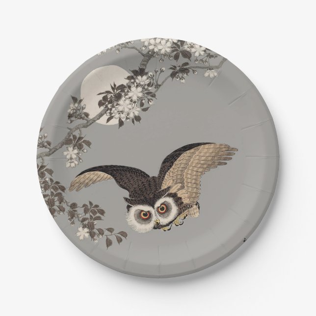 Japanese Owl Night Moon Woodcut Flying Night Paper Plate (Front)