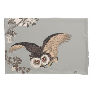 Japanese Owl Night Moon Woodcut Flying Night Pillowcase