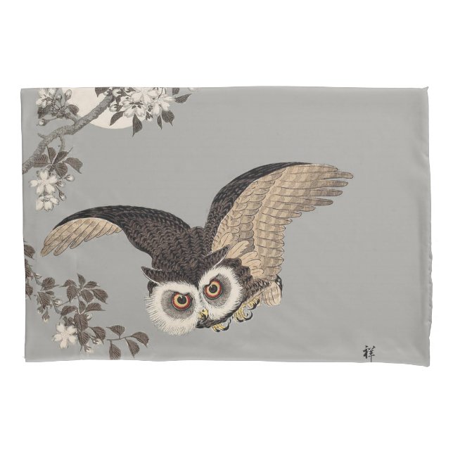 Japanese Owl Night Moon Woodcut Flying Night Pillowcase (Front)
