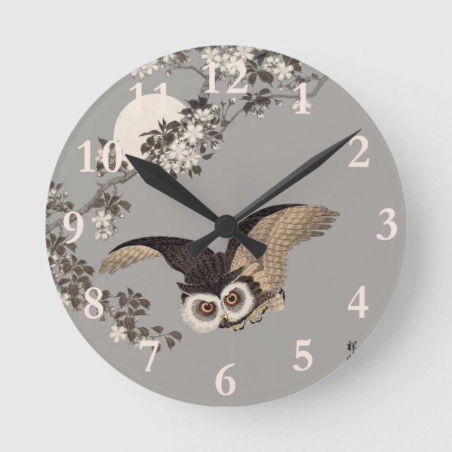 Japanese Owl Night Moon Woodcut Flying Night Round Clock (Front)