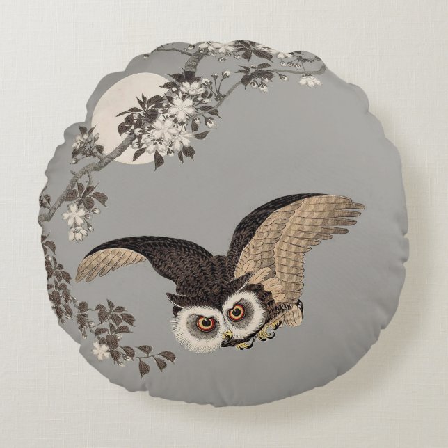 Japanese Owl Night Moon Woodcut Flying Night Round Cushion (Front)