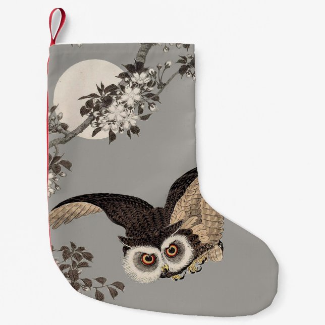 Japanese Owl Night Moon Woodcut Flying Night Small Christmas Stocking (Front)