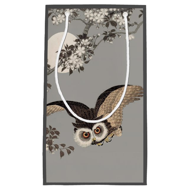 Japanese Owl Night Moon Woodcut Flying Night Small Gift Bag (Front)