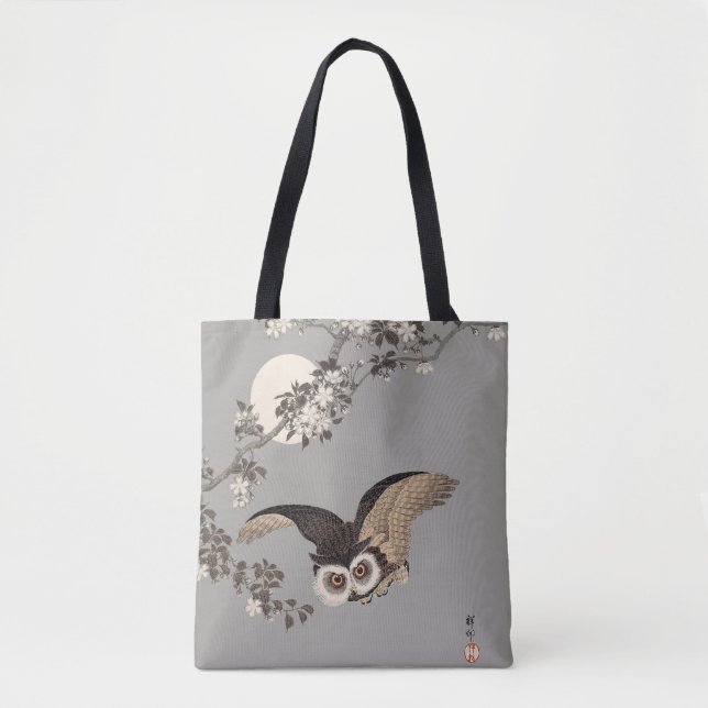 Japanese Owl Night Moon Woodcut Flying Night Tote Bag (Front)
