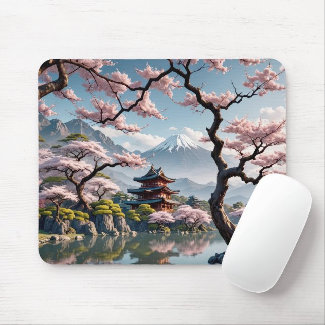 Japanese Pagoda and Cherry Blossoms Mouse Mat (With Mouse)