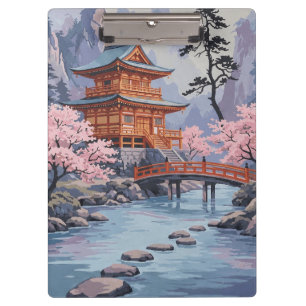 Japanese Pagoda Cherry Blossom Art Clipboard
