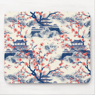 Japanese Pagoda Cherry Blossom Blue Cream Mouse Mat