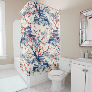 Japanese Pagoda Cherry Blossom Blue Cream Shower Curtain