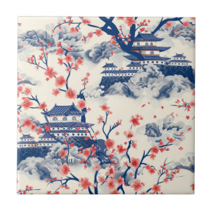 Japanese Pagoda Cherry Blossom Blue Cream Tile