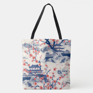 Japanese Pagoda Cherry Blossom Blue Cream Tote Bag