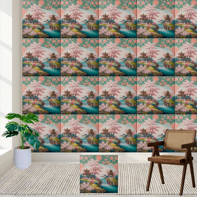 Japanese Pagoda & Cherry Blossom Chinoiserie Tile (Japanese Pagoda & Cherry Blossom Chinoiserie Tile)