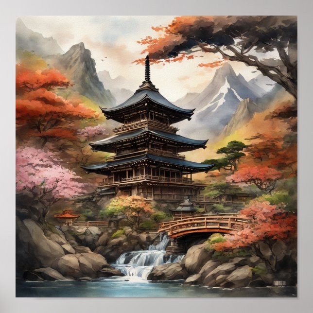 Japanese Pagoda Near a Waterfall Poster (Front)