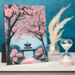 Japanese Pagoda Pink Cherry Blossom Tree AI art  Plaque