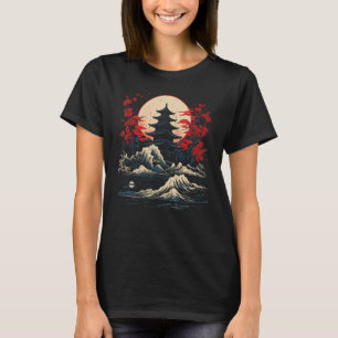 Japanese Pagoda Sunset Cherry Blossom Art T-Shirt