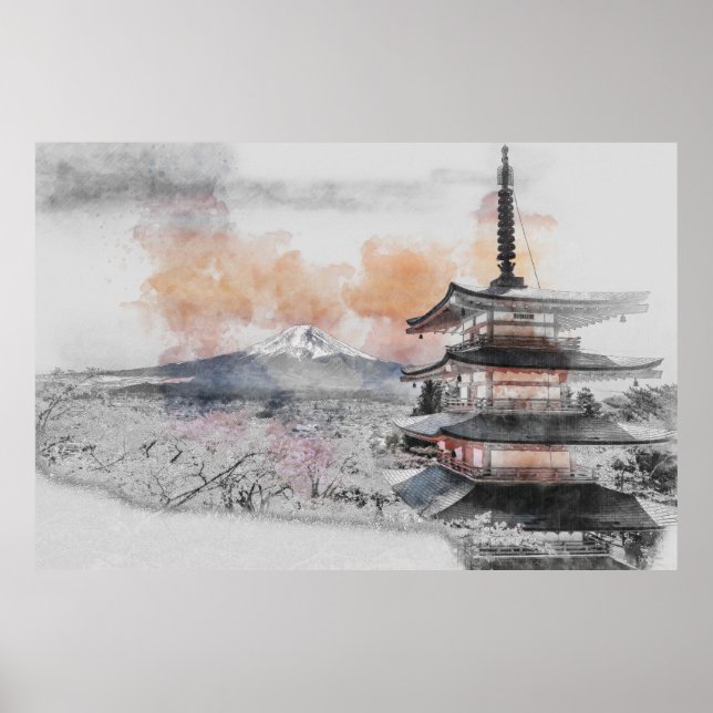 Japanese Pagoda with Mount Fuji – Minimalist  Poster (Front)