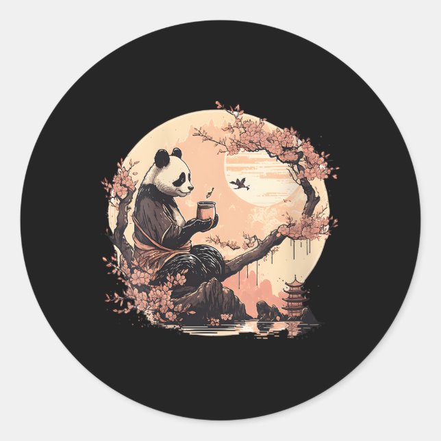 Japanese Panda Drinking Tea Sakura Trees Panda Tea Classic Round Sticker (Front)
