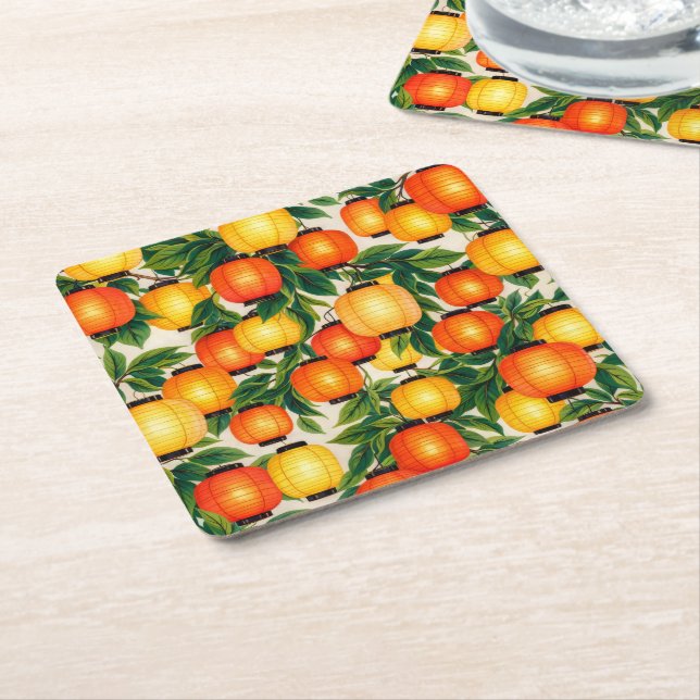 Japanese Paper Lantern Botanical Square Paper Coaster (Angled)
