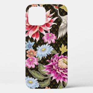 Japanese pattern with flowers and white cranes iPhone 12 case
